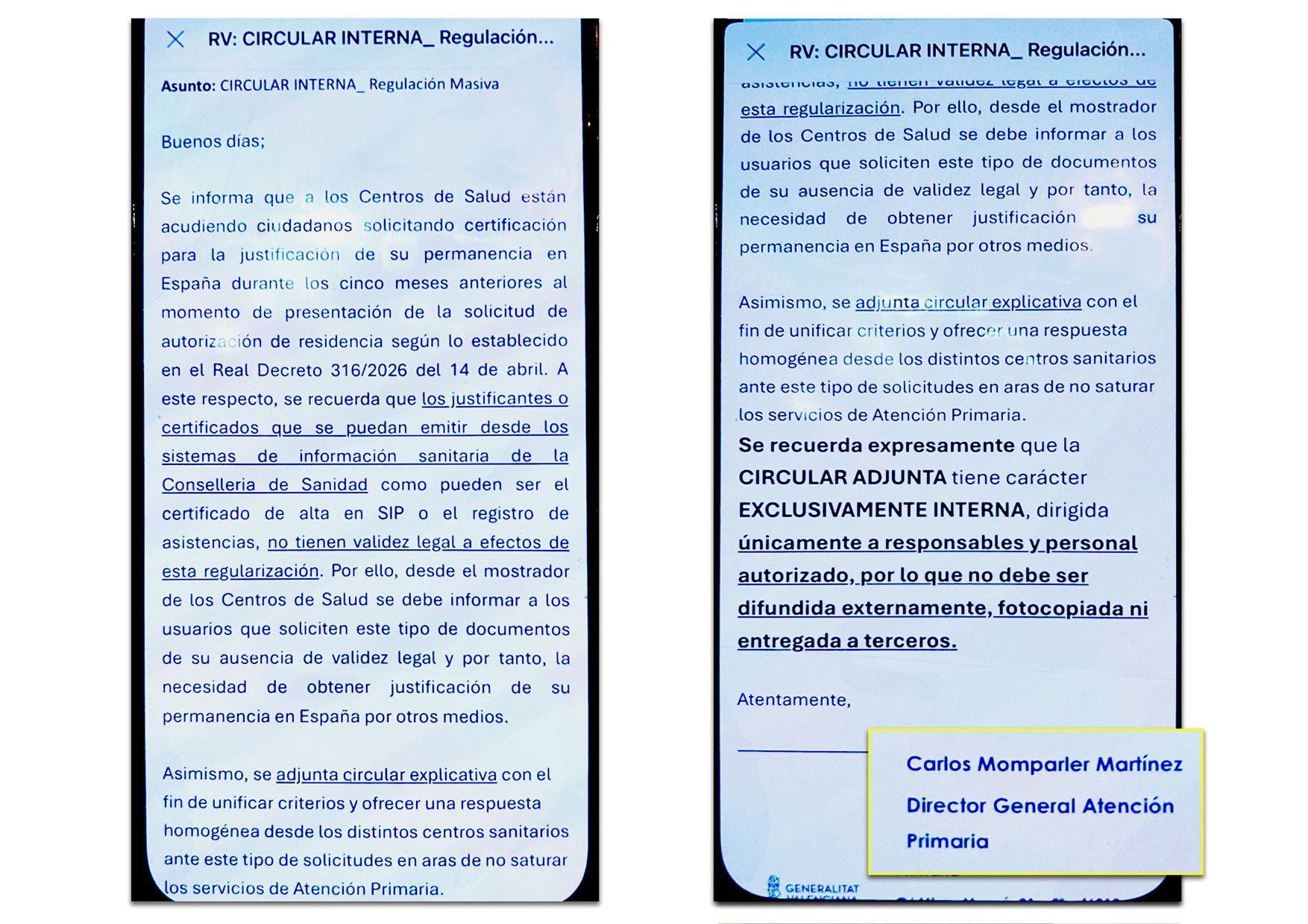 Pantallazo de la circular interna del director general de Atenci�n Primaria.