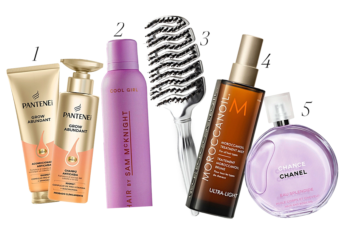 1. Champ� y acondicionador Grow Abundant (12,99 euros cada uno), de Pantene. 2. Spray texturizador Cool Girl (34 euros), de Hair by Sam McKnight. 3. Magic Brush edici�n aniversario (24,99 euros), de Moncho Moreno. 4. Tratamiento en spray (52 euros), de Moroccanoil. 5. Chance Eau Splendide Hair and Body Oil (118 euros), de Chanel.