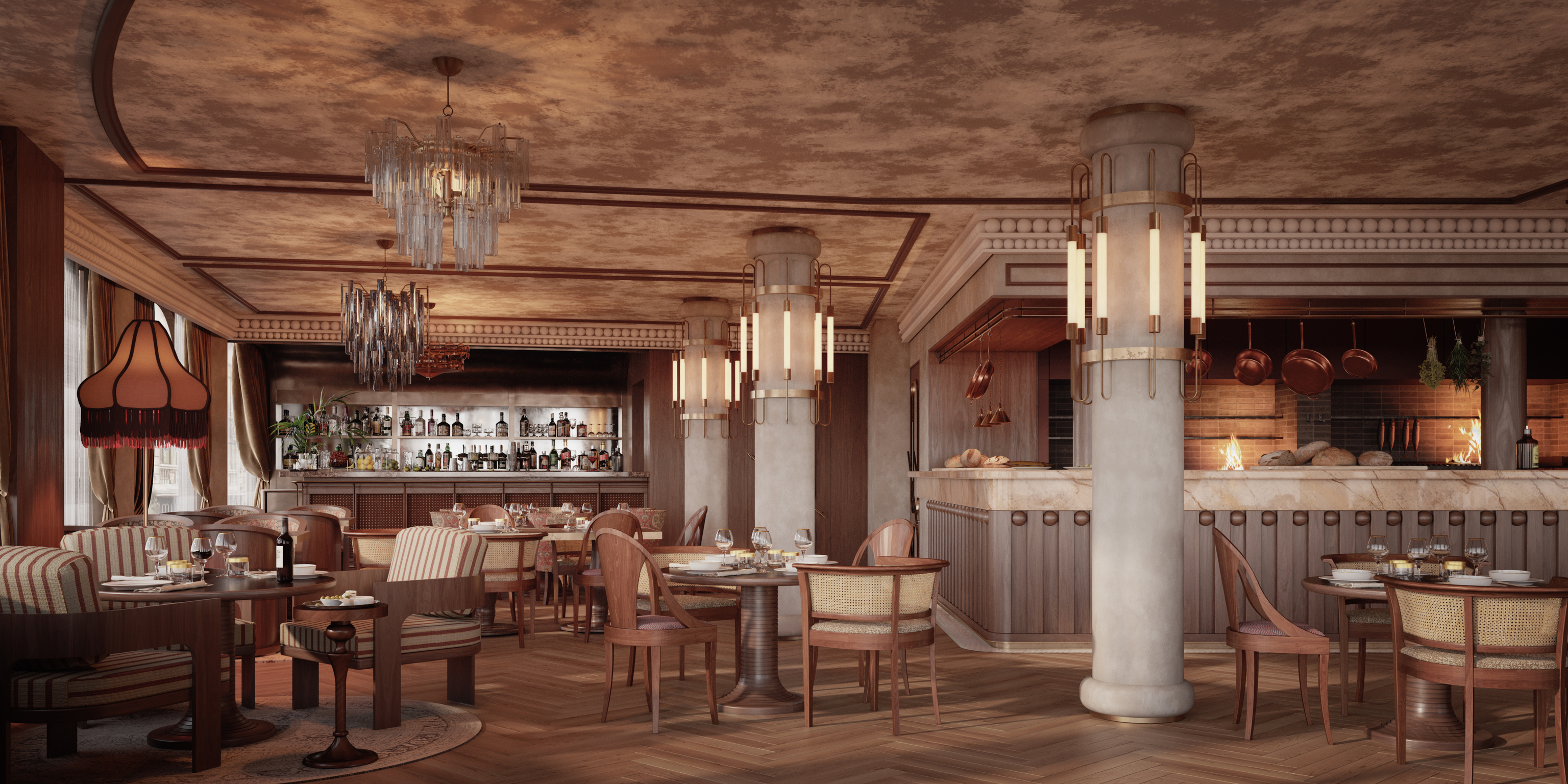 Render del restaurante de la planta baja.