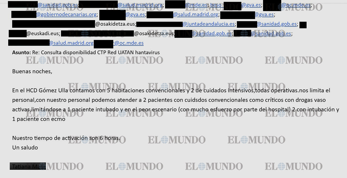 Correo electr�nico del Hospital G�mez Ulla al Ministerio de Sanidad, el mi�rcoles por la tarde.