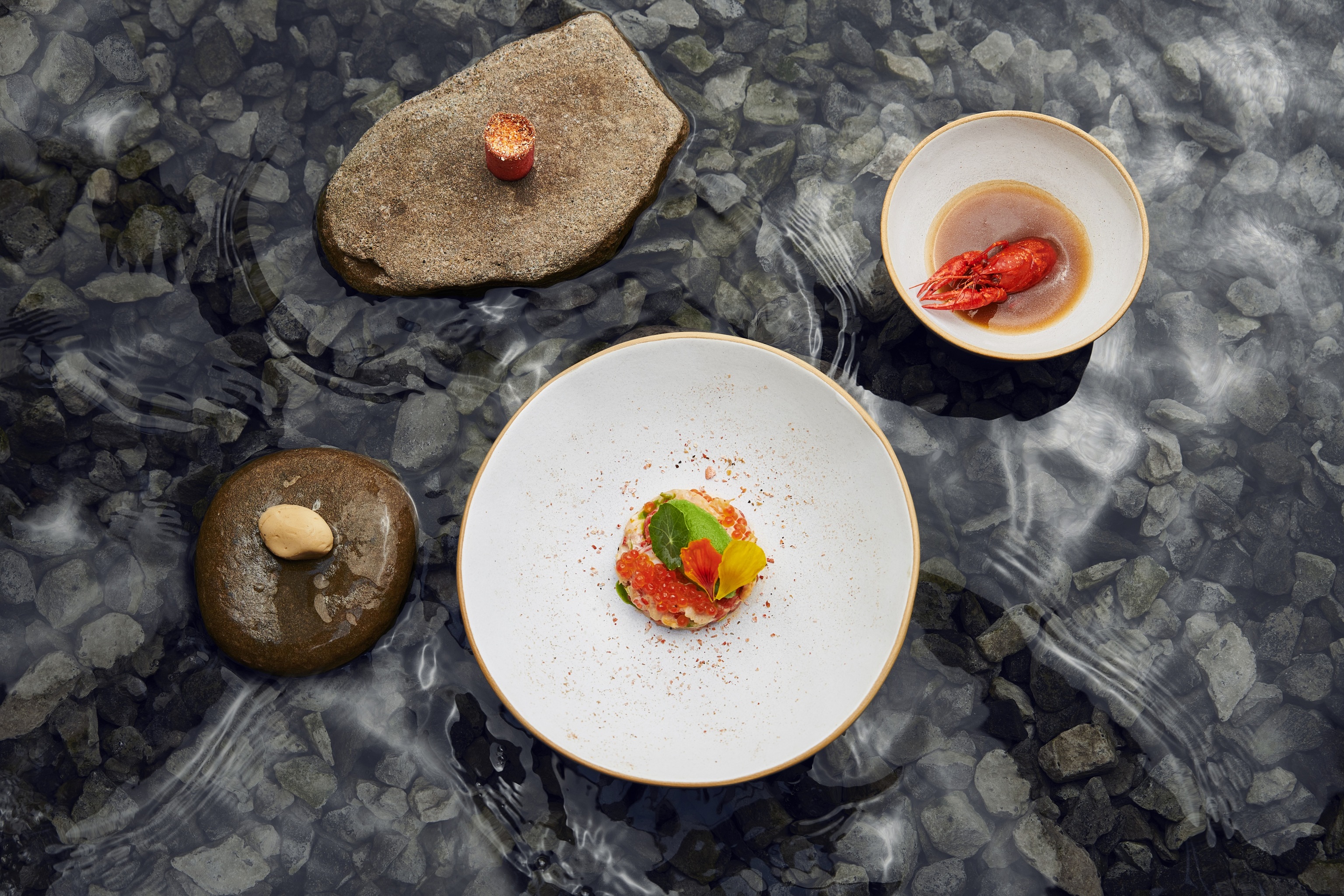 Salpicón de cangrejo de río, pimiento asado, azafrán, milhojas de trucha de río y jamón de bellota.