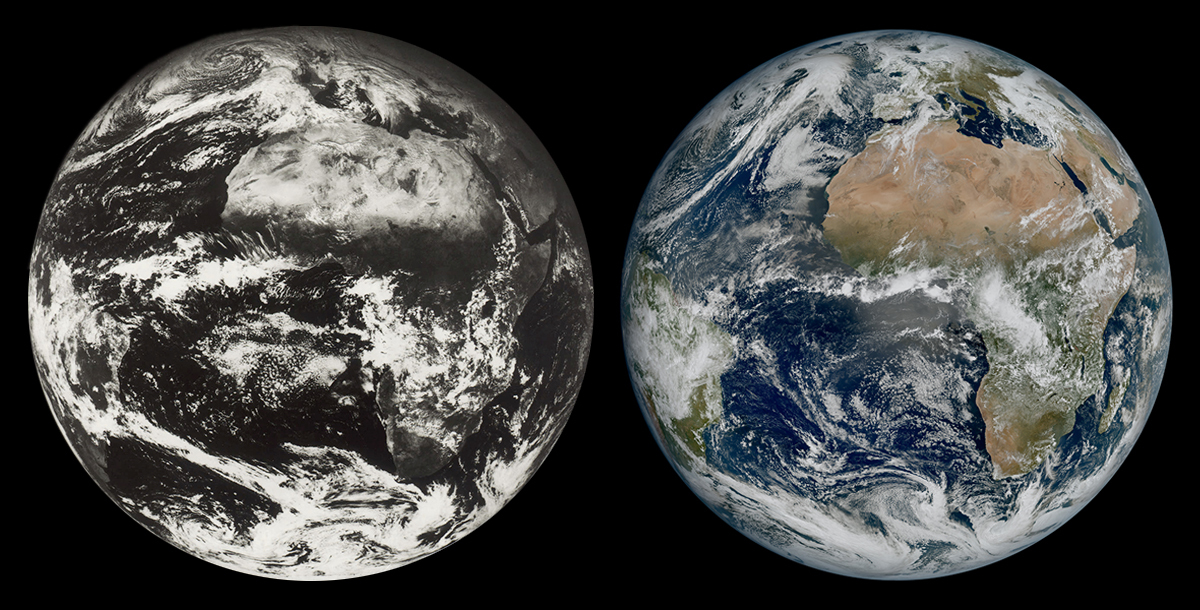 A la izquierda, imagen de la Tierra tomada por el primer Meteosat, lanzado en 1977. Al lado,  foto captada en marzo de 2023 por el MTG-I1, el primer Meteosat de Tercera Generación, lanzado en 2022.