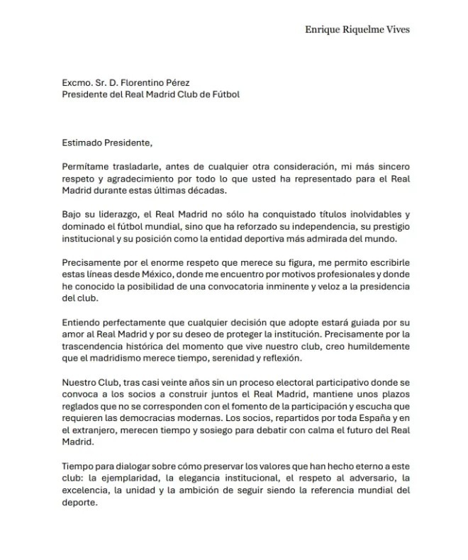 Reproducci�n de la carta que el empresario Enrique lt;HIT gt;Riquelme lt;/HIT gt; ha enviado al presidente del Real Madrid, Florentino P�rez DEPORTES, FUTBOL