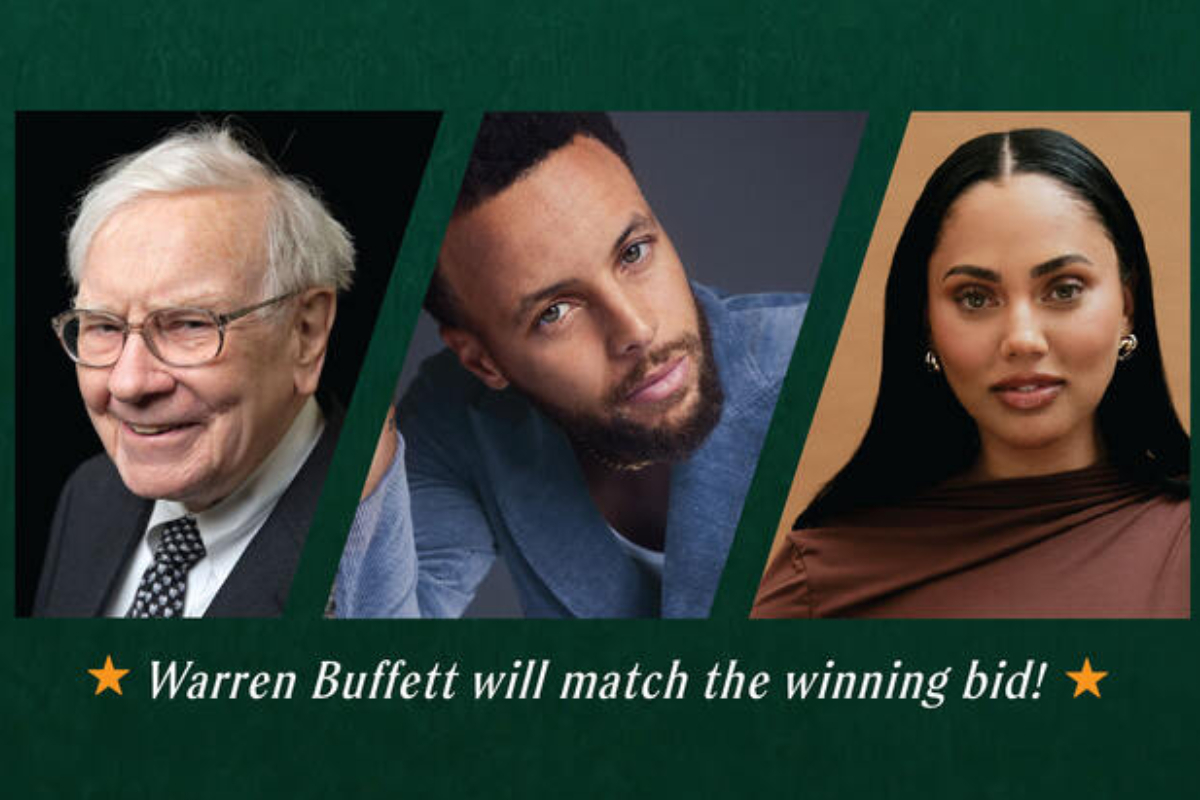 Warren Buffett, Stephen Curry y Aisha Curry, en el anuncio de la subasta ben�fica en Ebay