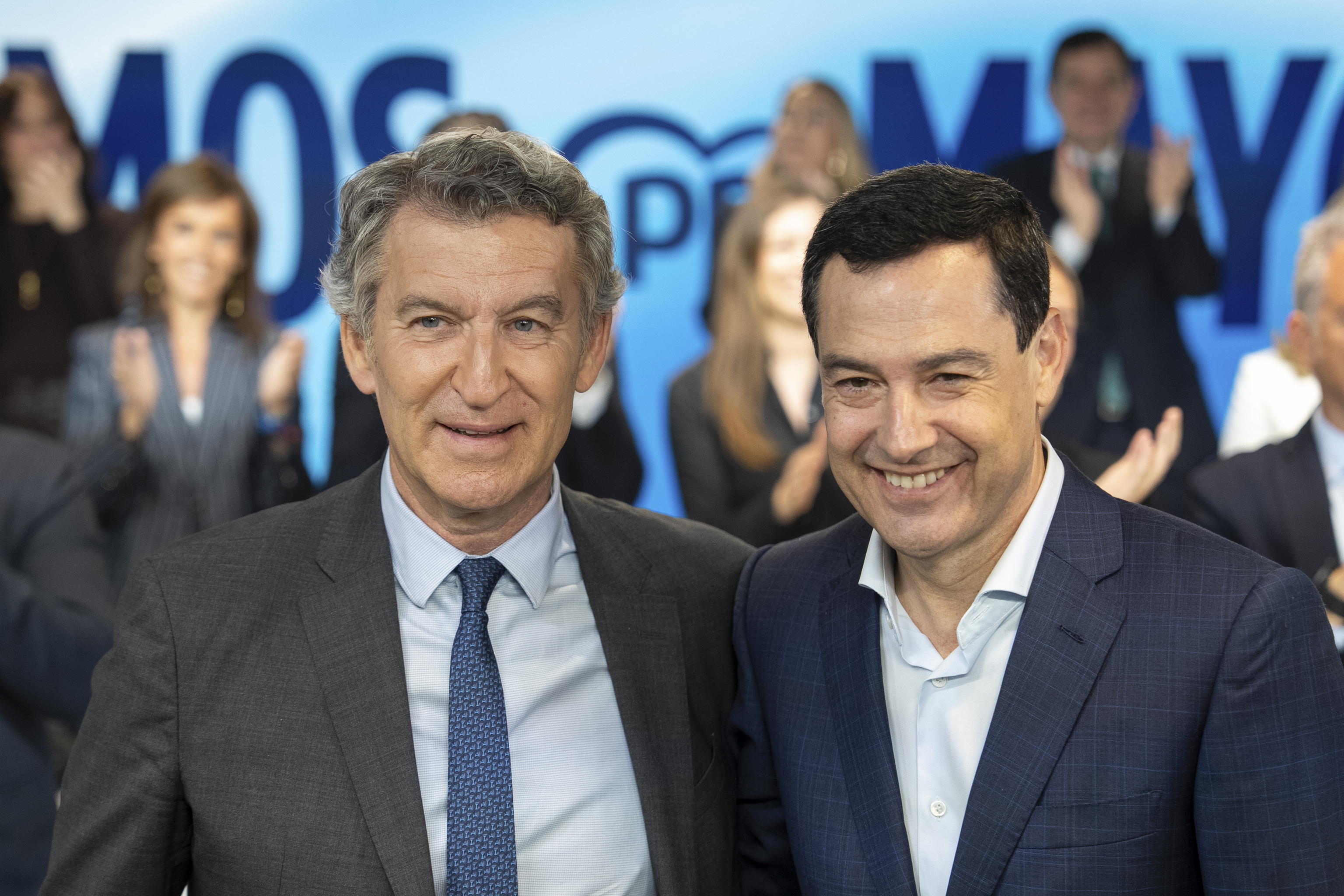 El Presidente del PP, Alberto N��ez Feij�o, y el Presidente de la Junta de Andaluc�a, Juanma Moreno Bonilla, ayer en la sede de G�nova.