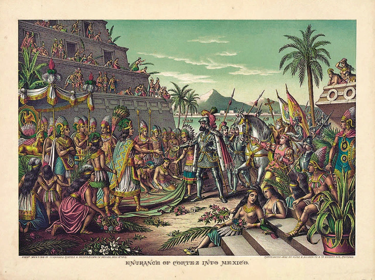 Visión idelaizada del encuentro entre Hernán Cortés y Moctezuma.