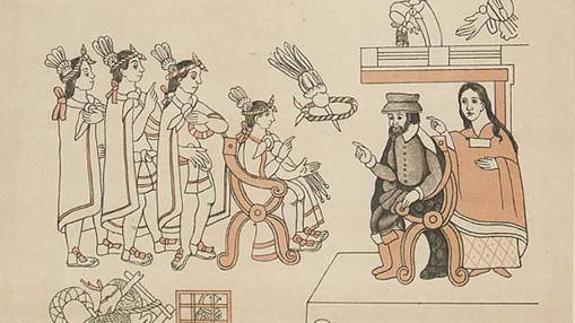 La Malinche, considerada seg�n la leyenda negra una traidora a su naci�n, ejerciendo de traductora para Hern�n Cort�s, seg�n el 'Lienzo de Tlaxcala'.