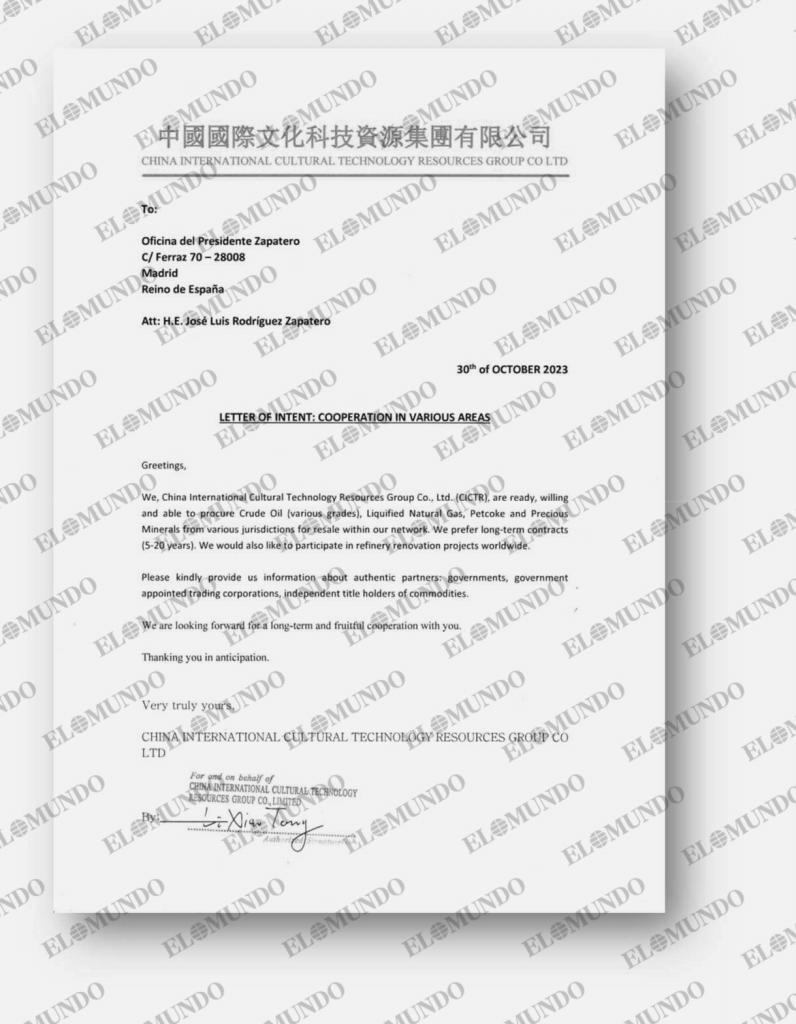 Carta de una empresa china a Zapatero.