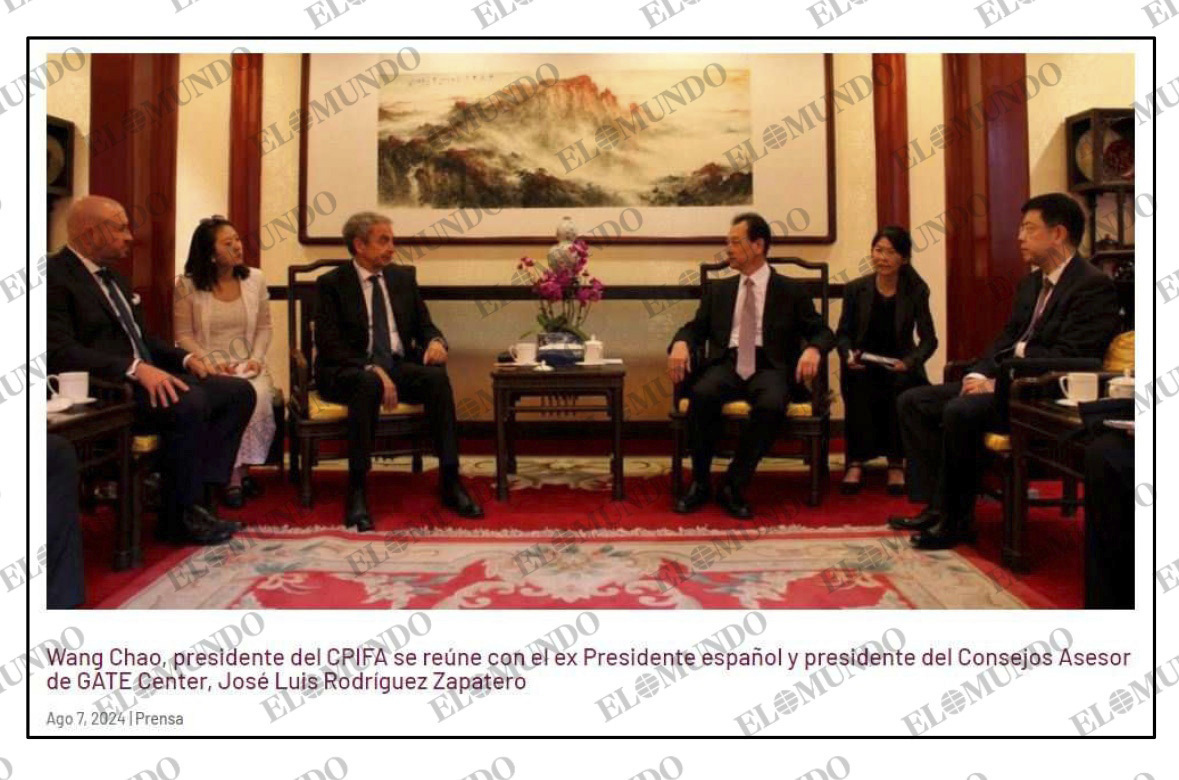Reuni�n en Pek�n, en 2024, de Rodr�guez Zapatero con Wang Chao, presidente del Instituto Popular Chino de Asuntos Exteriores.