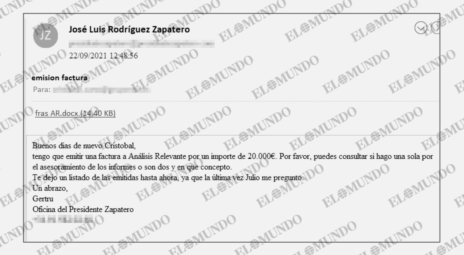 Corresos intercambiados entre la secretaria de Zapatero y el gestor del entorno societario que controla Julio Mart�nez.