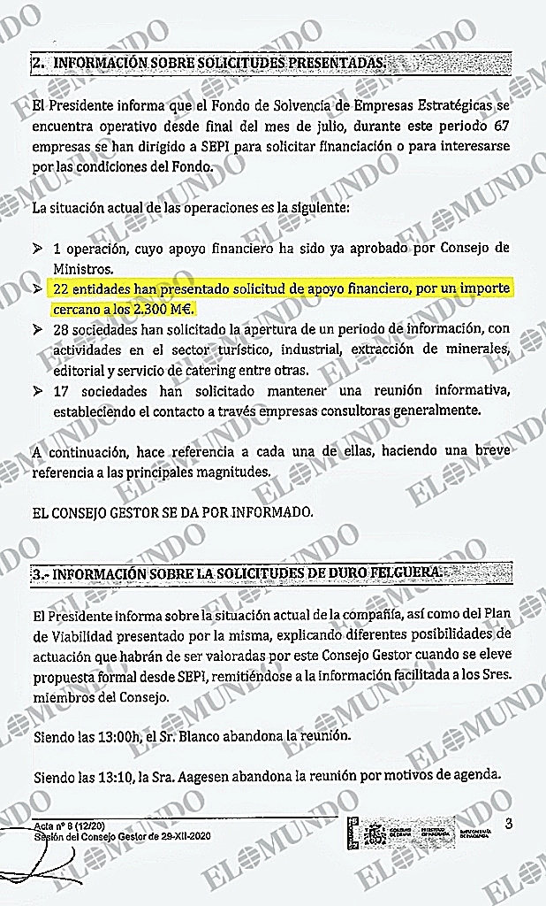 Extracto del acta del Consejo Gestor del 29 de diciembre de 2020.