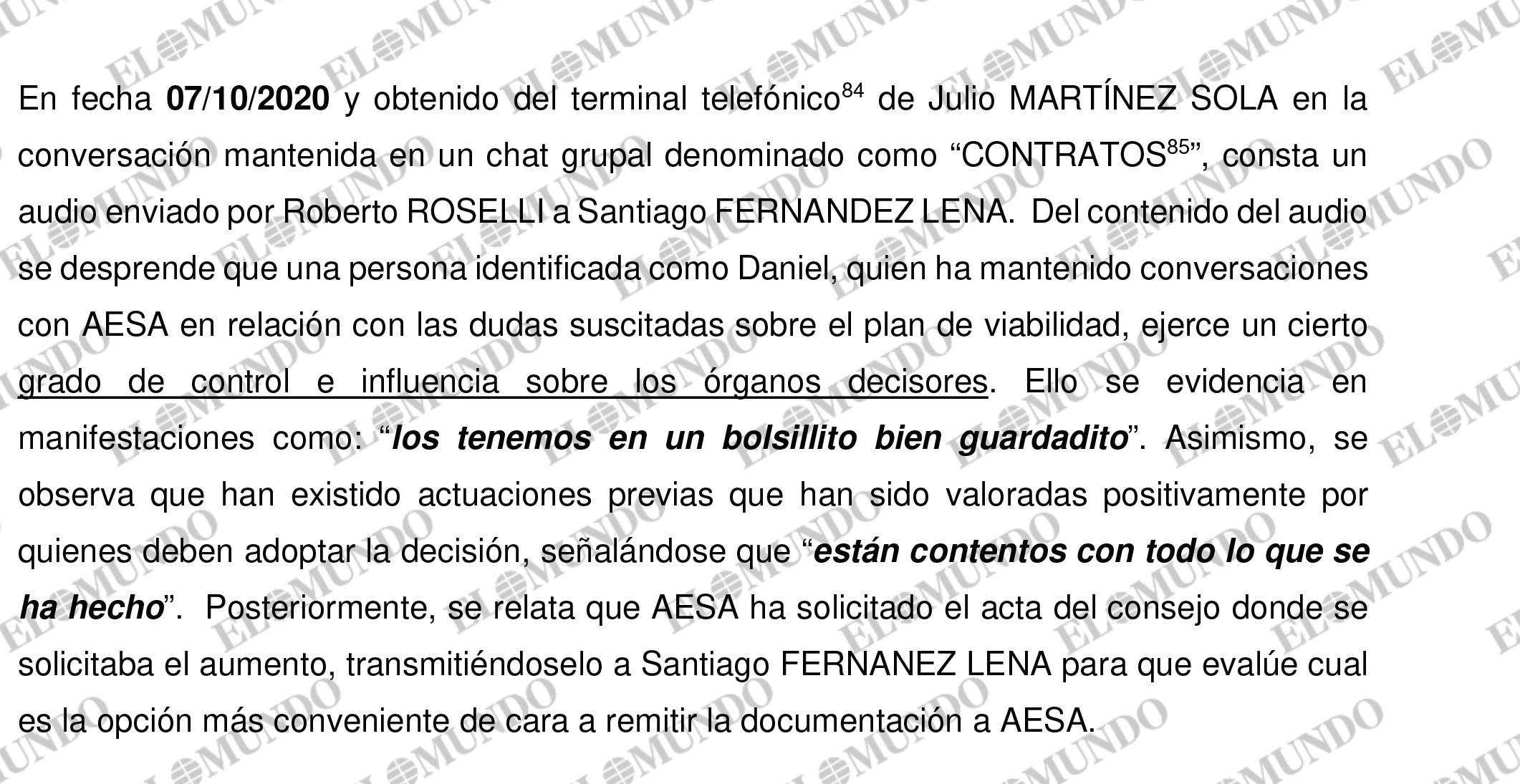 Extracto del informe sobre los contactos de la trama.
