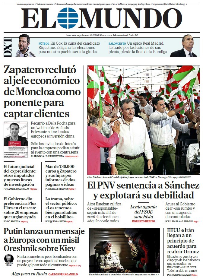 Portada de EL MUNDO del lunes 25 de mayo de 2026