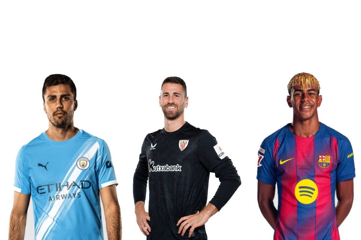 De izquierda a derecha, Rodri, Unai Sim�n y Lamine Yamal.