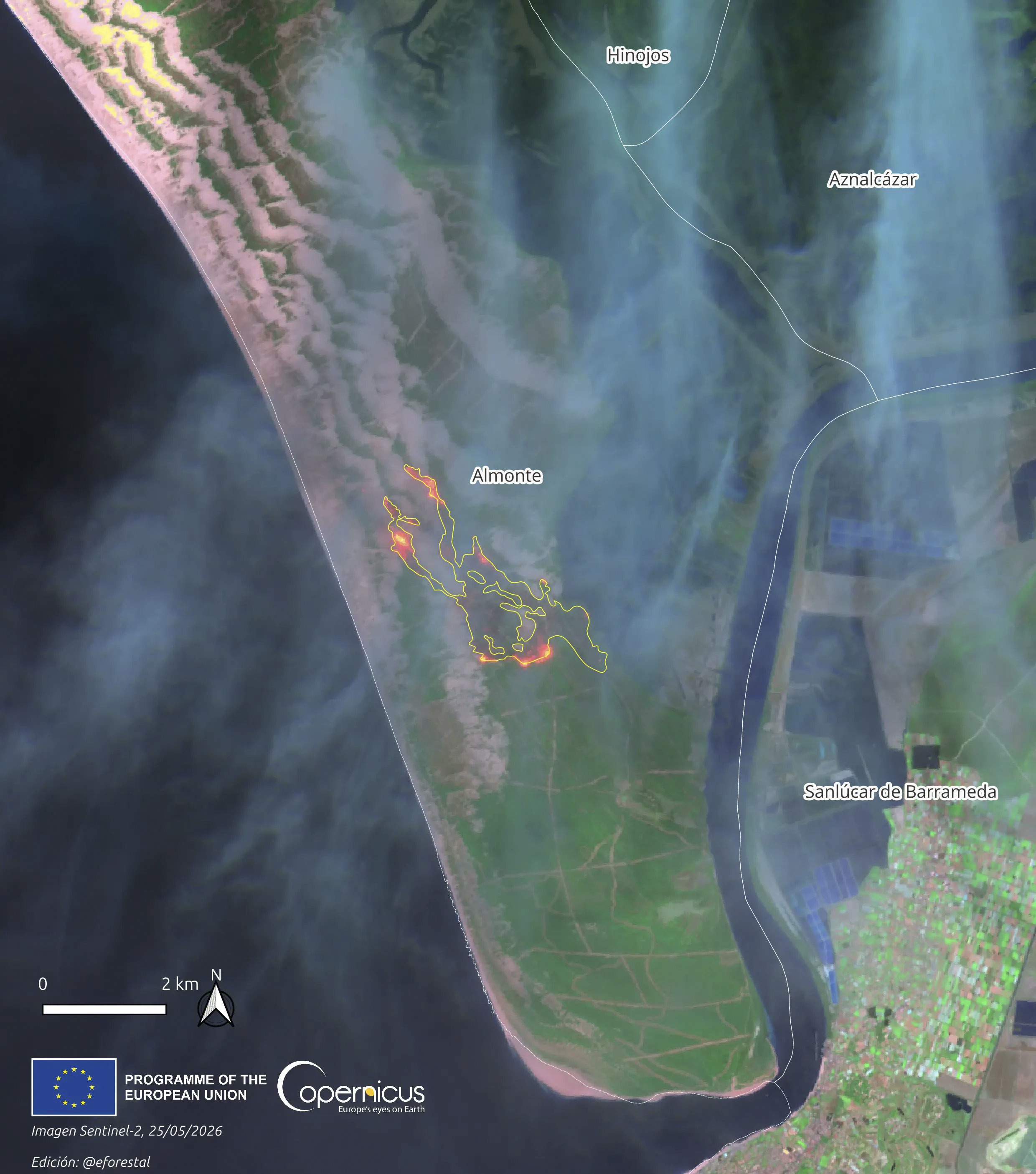 Imagen tomada con el sat�lite Copernicus Sentinel-2 del incendio en el Parque Nacional de Do�ana.