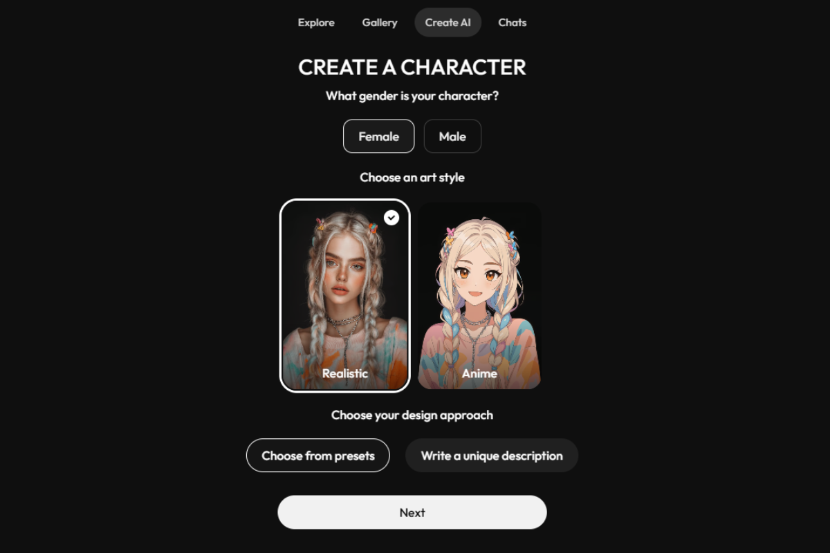 Página de apertura de Joi IA, donde puedes crear un avatar sexual.