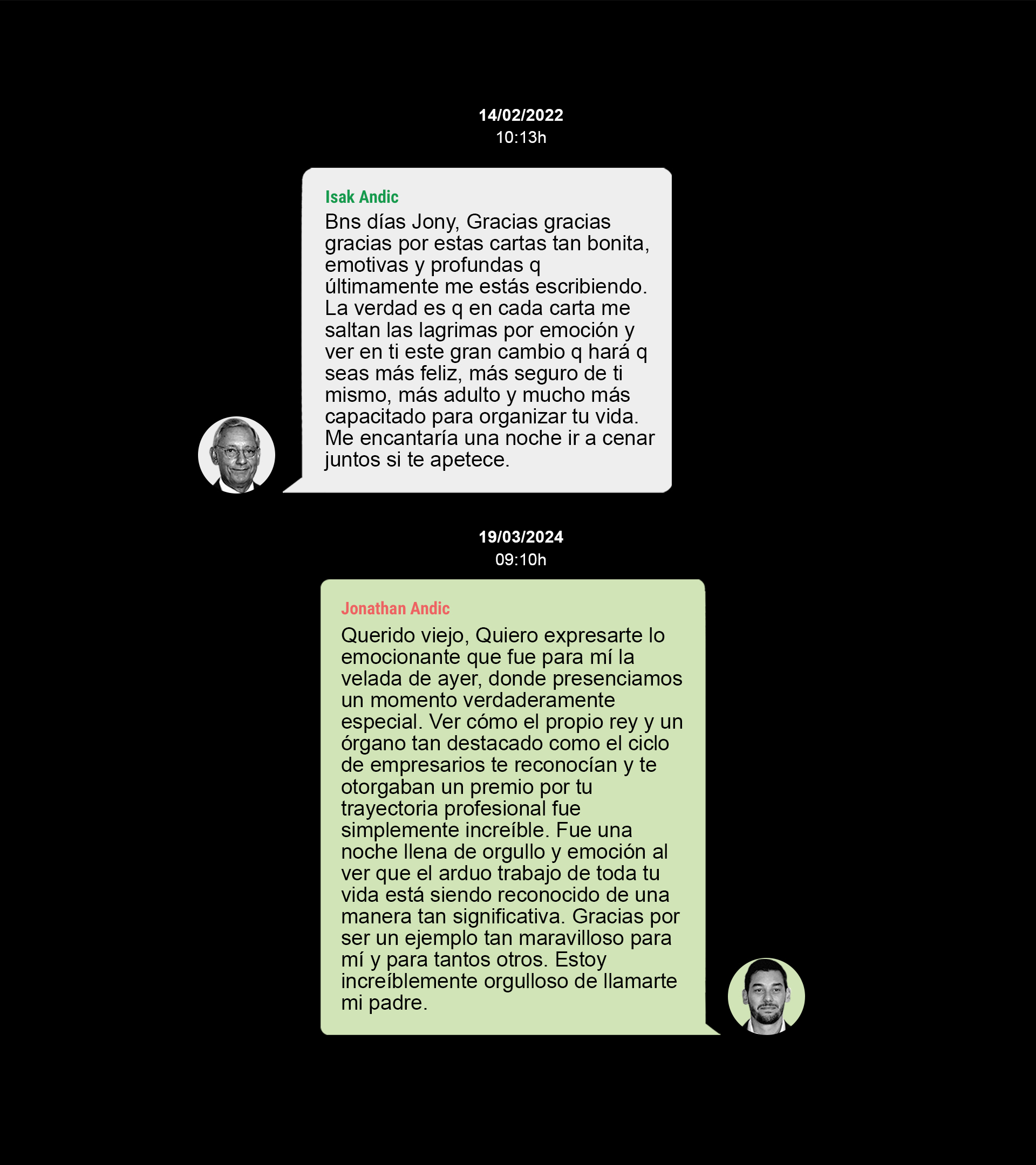 Dos de los mensajes de Whatsapp entre Isak Andic y su hijo Jonathan.