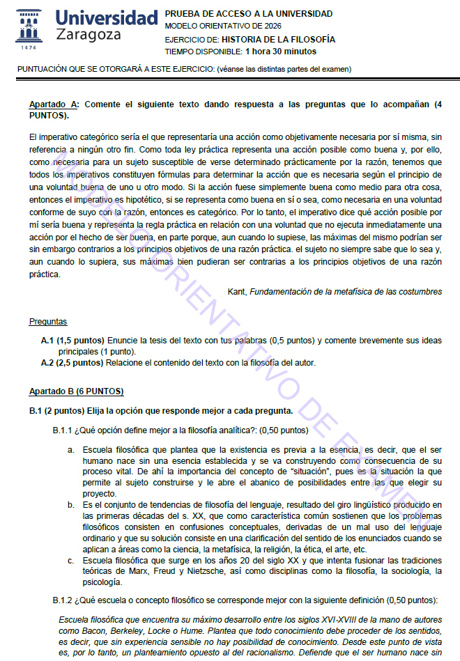 Preguntas tipo test en el examen de Historia de la Filosofía de Aragón.