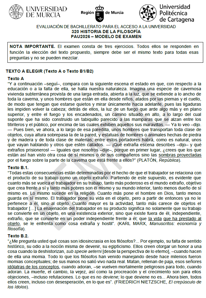 En el comentario de texto de la PAU de Murcia se puede elegir entre tres textos.