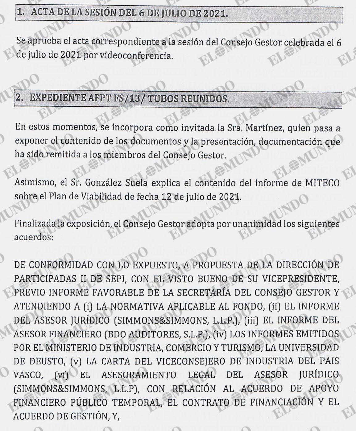 Extracto del acta confidencial del 13 de julio de 2021 elaborada por la Sepi