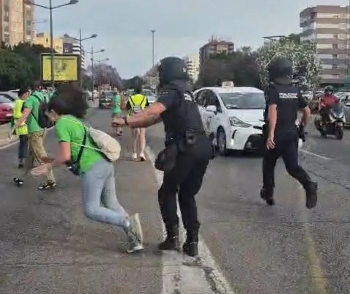 Momento de la caída de la docente tras ser empujada por el agente de la Policía Nacional.