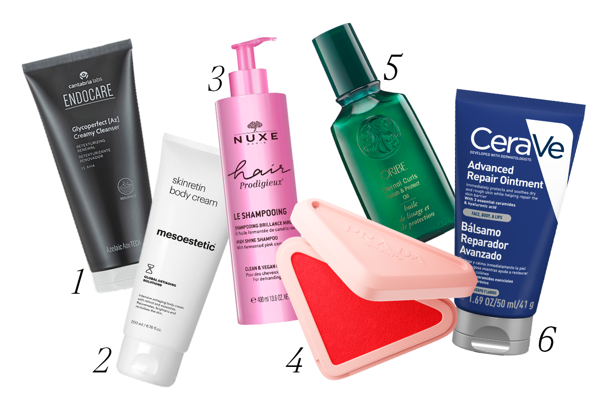 1. Glycoperfect [Az] Creamy Cleanser (26 euros), de Cantabria Labs. 2. Skin Retin Body Cream (56,10 euros), de Mesoestetic. 3. Champú Brillo Sublime (26,50 euros), de Nuxe. 4. Prada Touch (45 euros), de Prada. 5. Eternal Curls Polish & Protect Oil (58 euros), de Oribe. 6. Bálsamo Reparador Avanzado (10,50 euros), de Cerave.