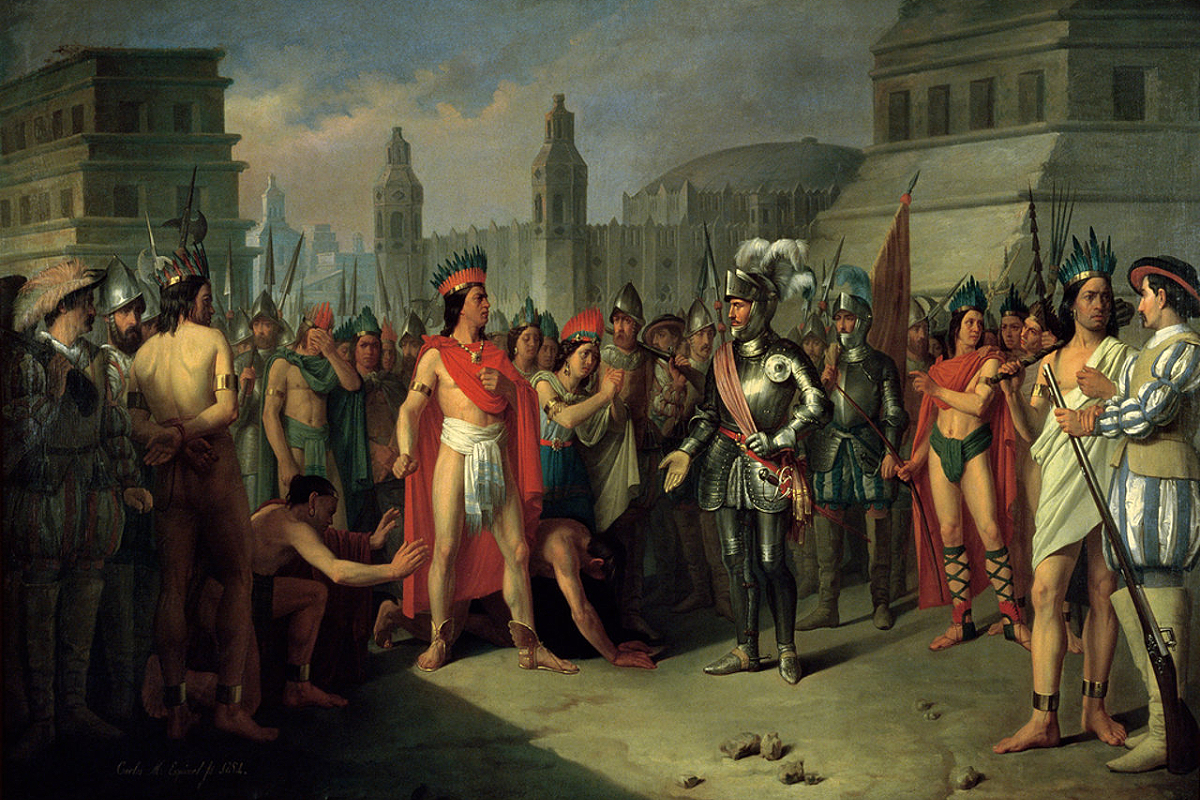 'El nuevo amo de Tenochtitlán', (1856) cuadro que recrea el momento en que Cortés hace prisionero a su último emperador azteca.