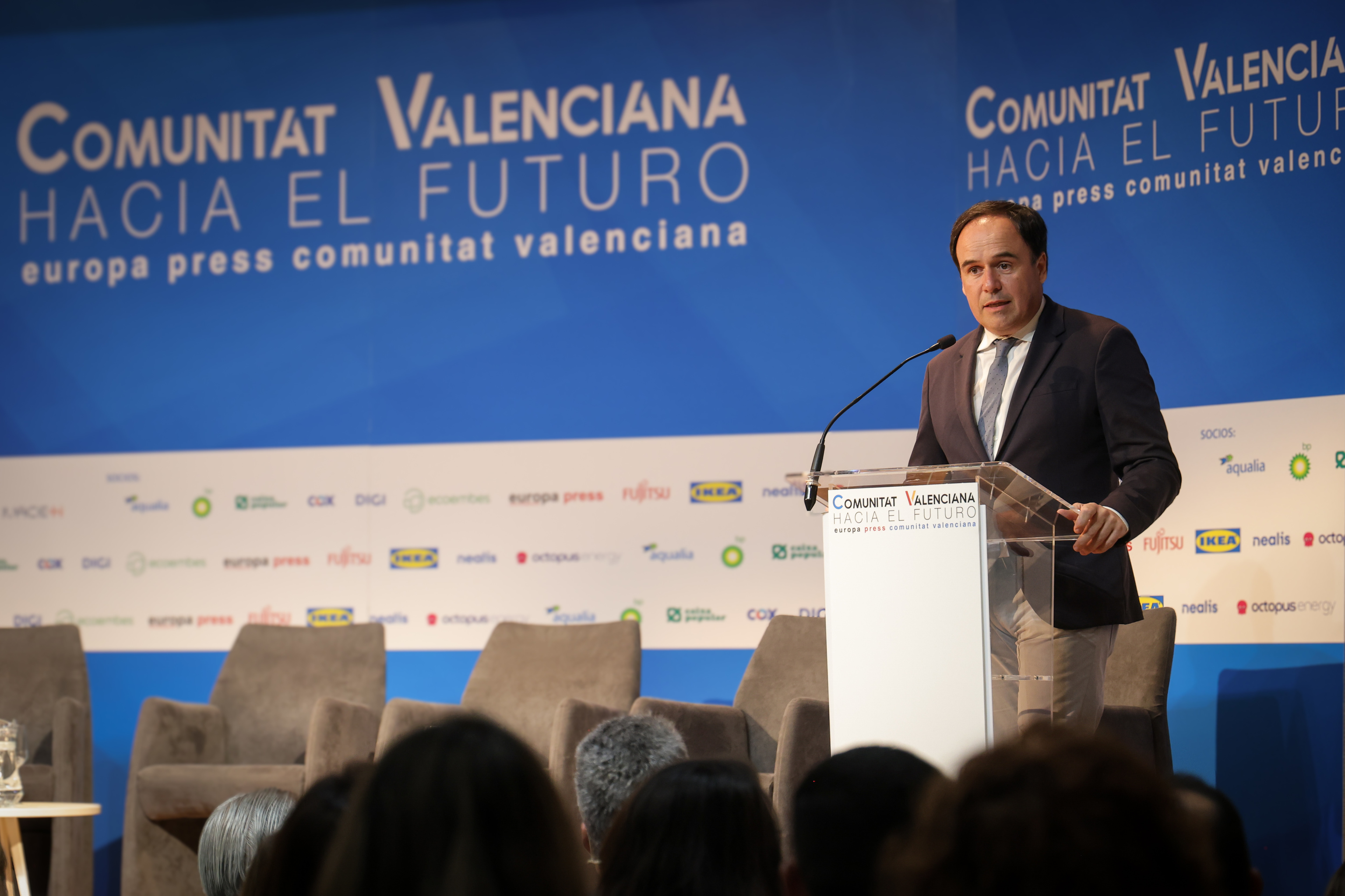 El presidente valenciano, Juanfran Pérez Llorca, este martes en un acto de Europa Press.