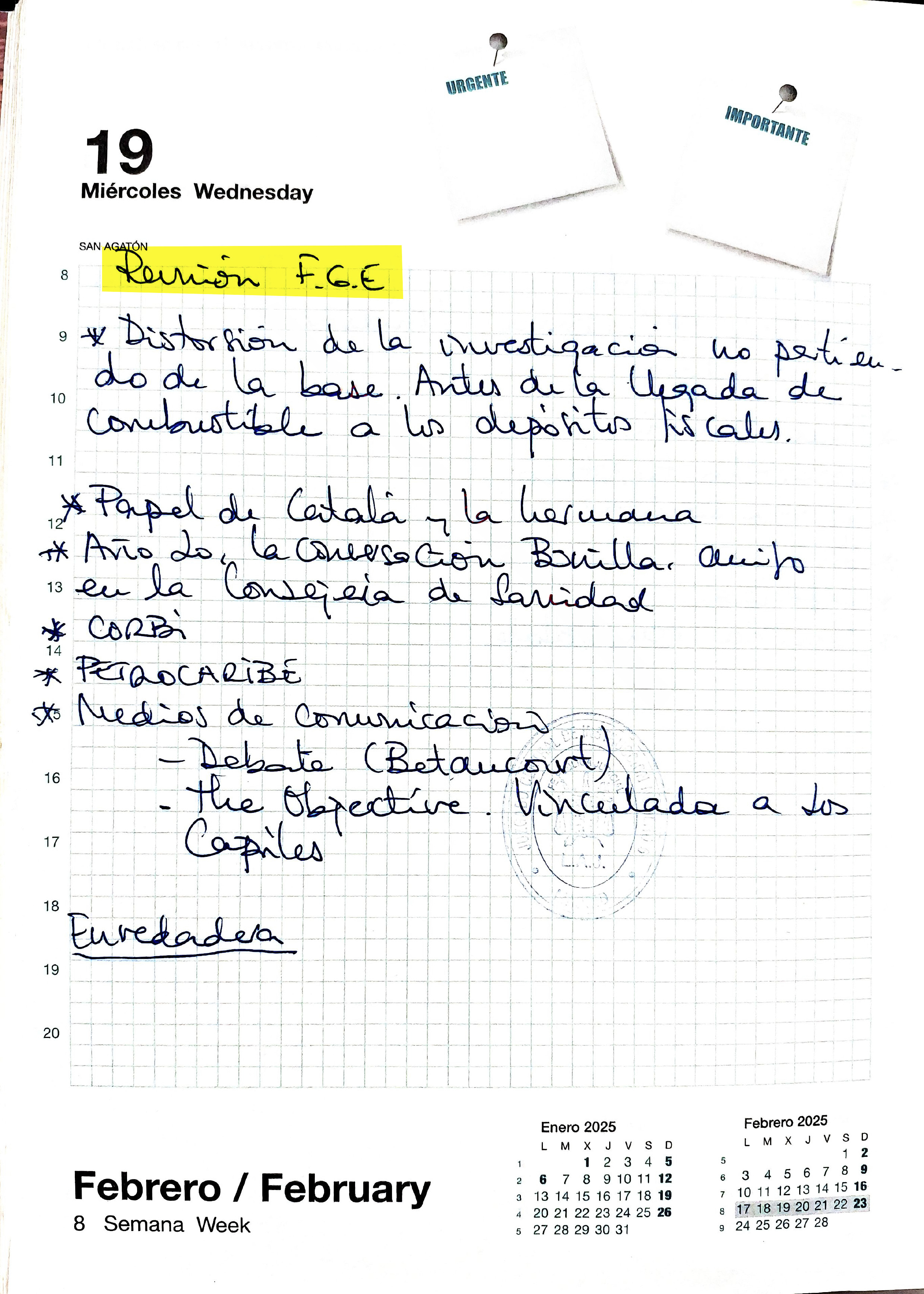 Anotación en la agenda de Leire Díez sobre la Fiscalía General.