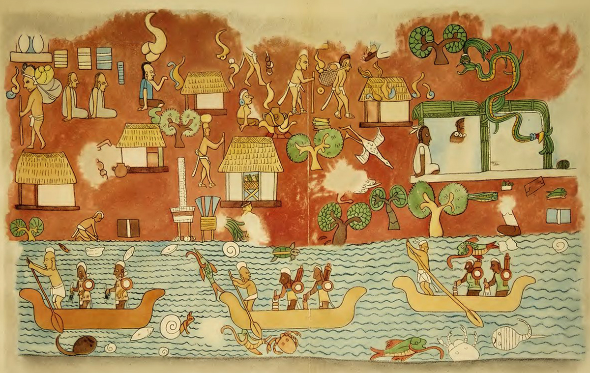 Mural maya de la ciudad costera, Templo de los Guerreros, Chichén Itzá.