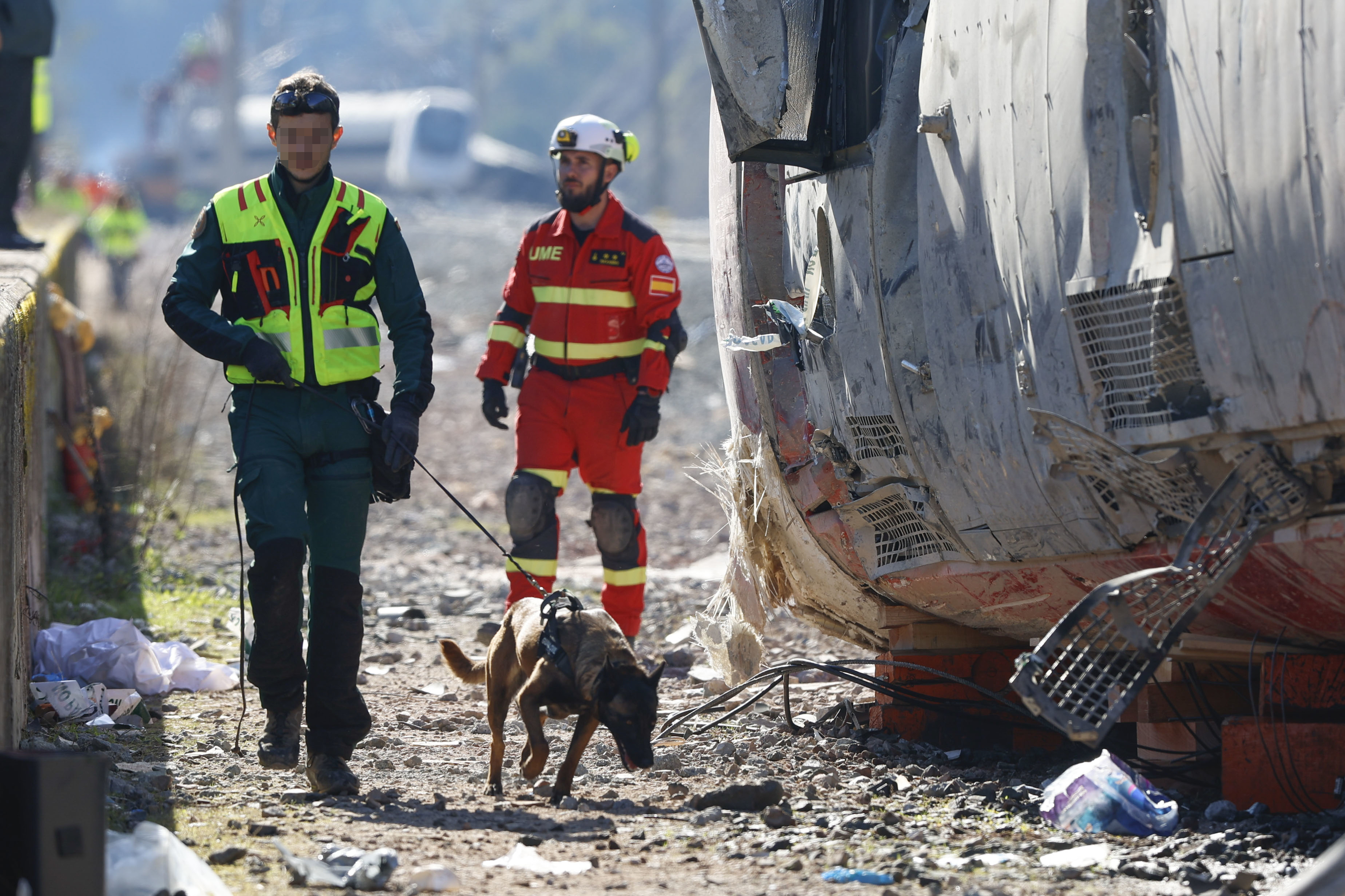 Efectivos de la Guardia Civil y la UME en el lugar del choque entre el Iryo y el Alvia en Adamuz (Córdoba).