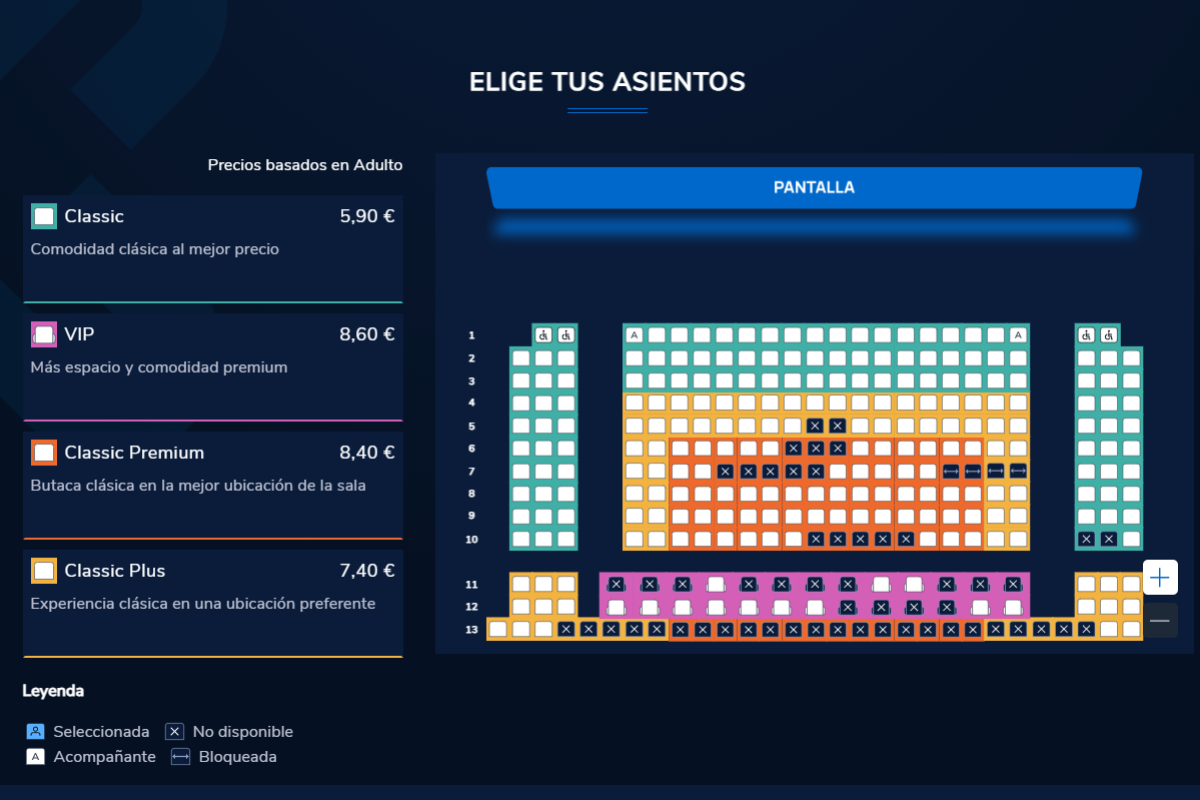 Mapa de butacas de una sesión en Cinesa Nassica en Madrid.