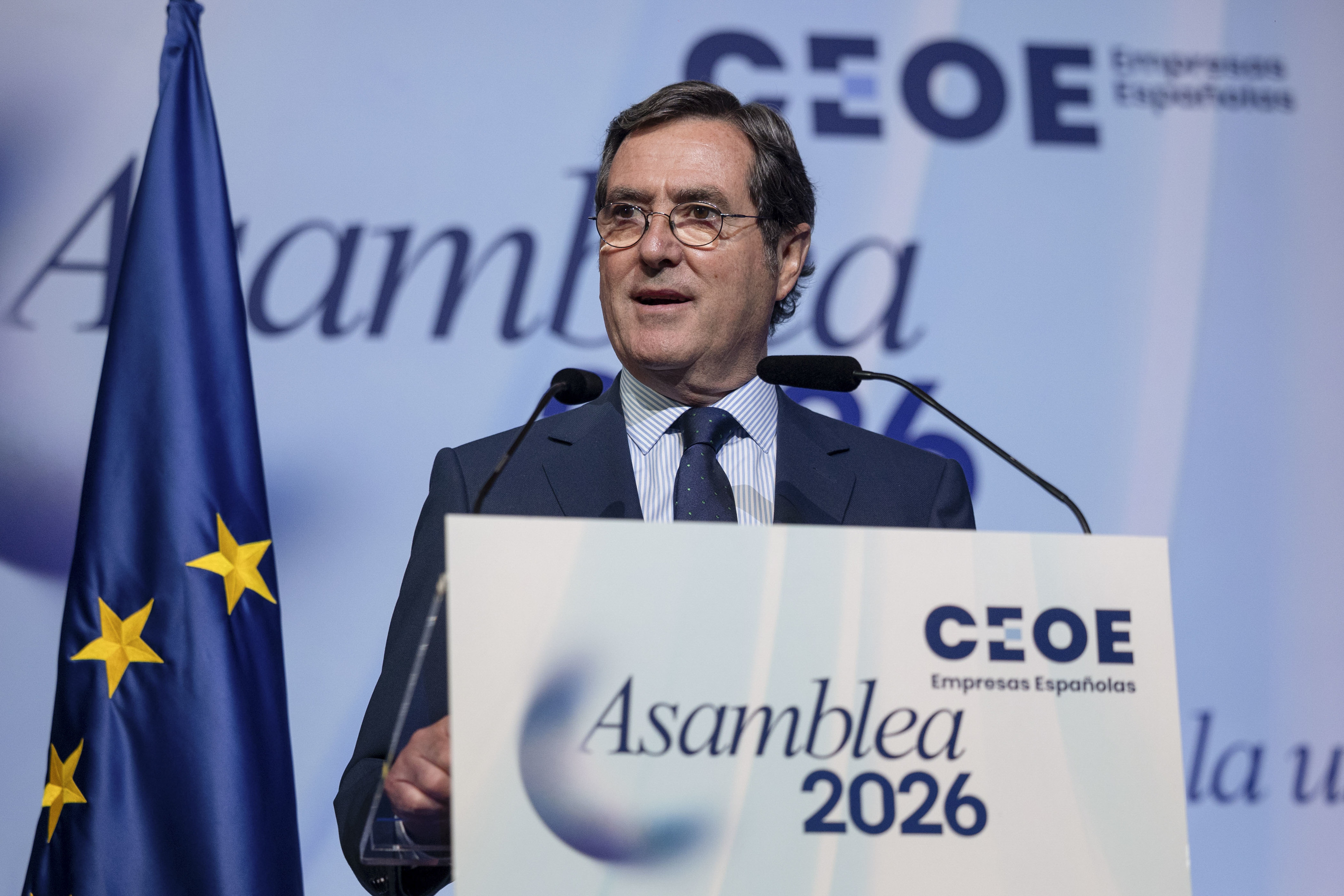 El presidente de la CEOE, Antonio Garamendi, interviene en la Asamblea General 2026 este miércoles en Madrid.