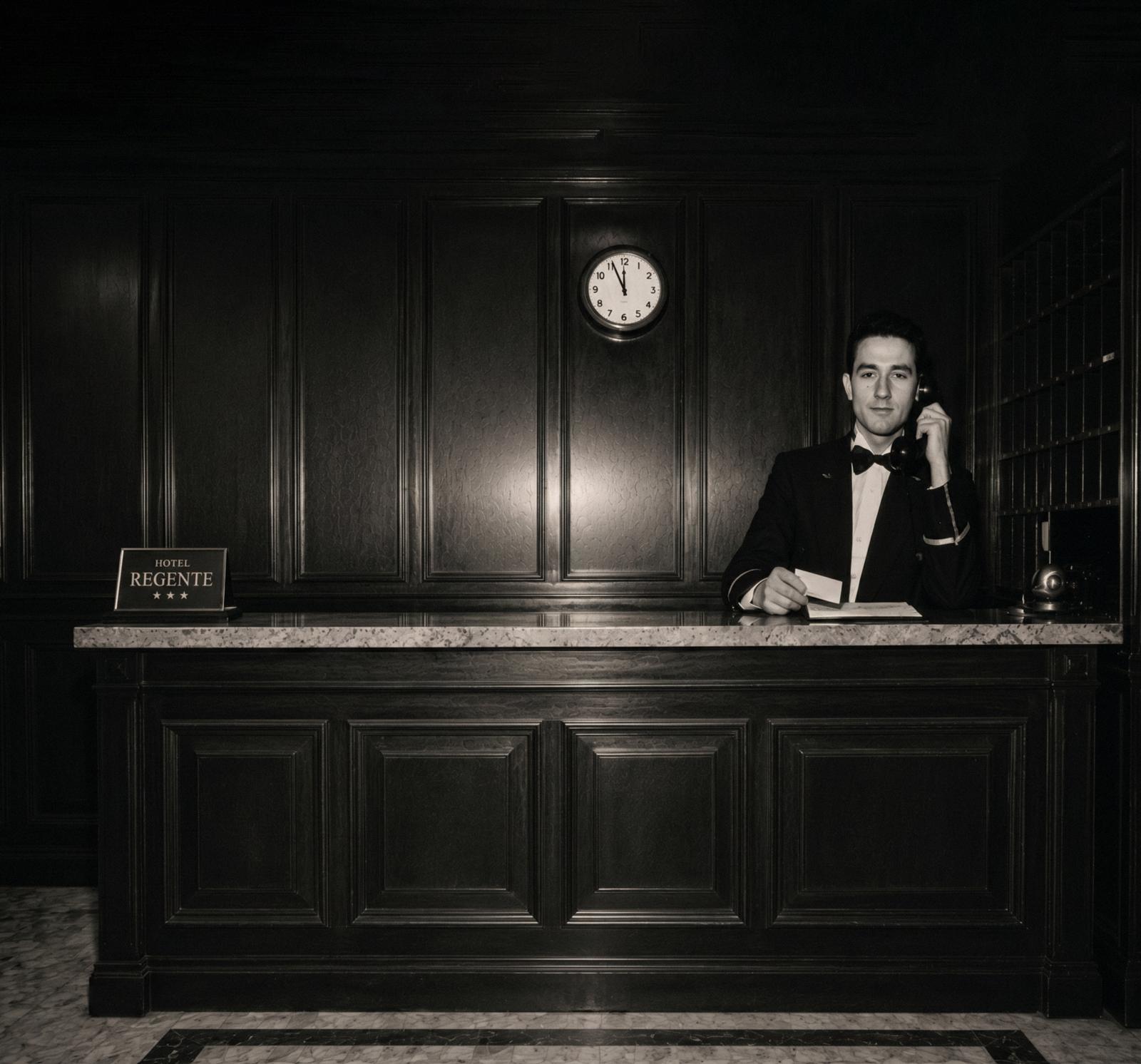 Un recepcionista en la entrada del hotel, en los 50.