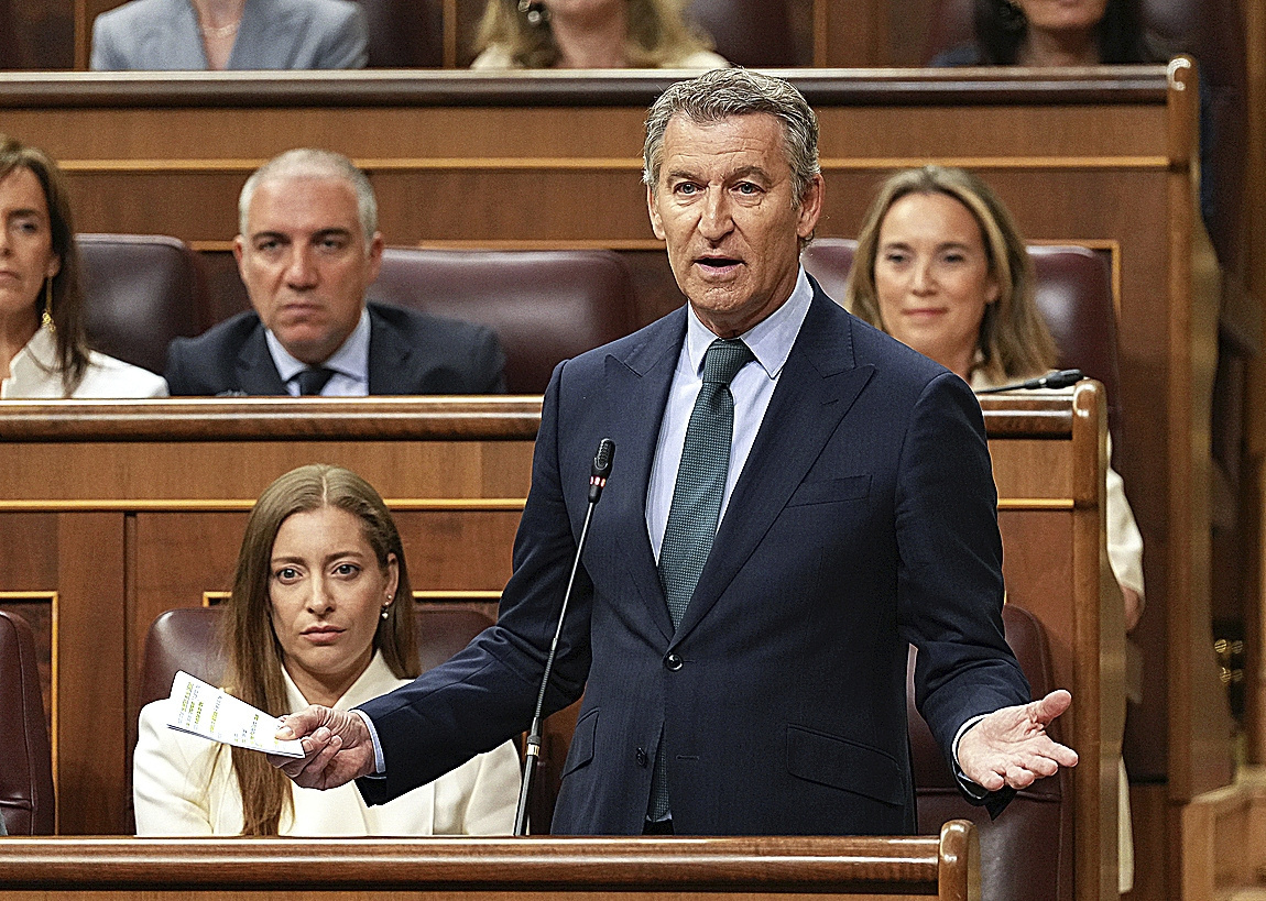 El presidente del PP, Alberto Núñez Feijóo, ayer durante su intervención en el Congreso.