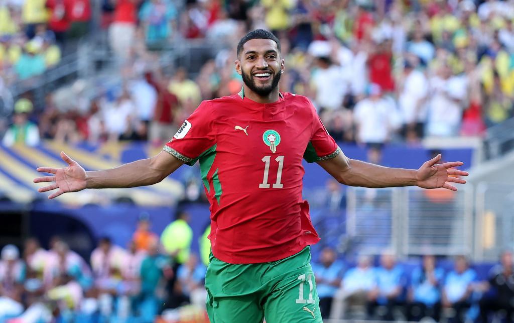 Ismael Saibari celebra el gol de Marruecos ante Brasil.