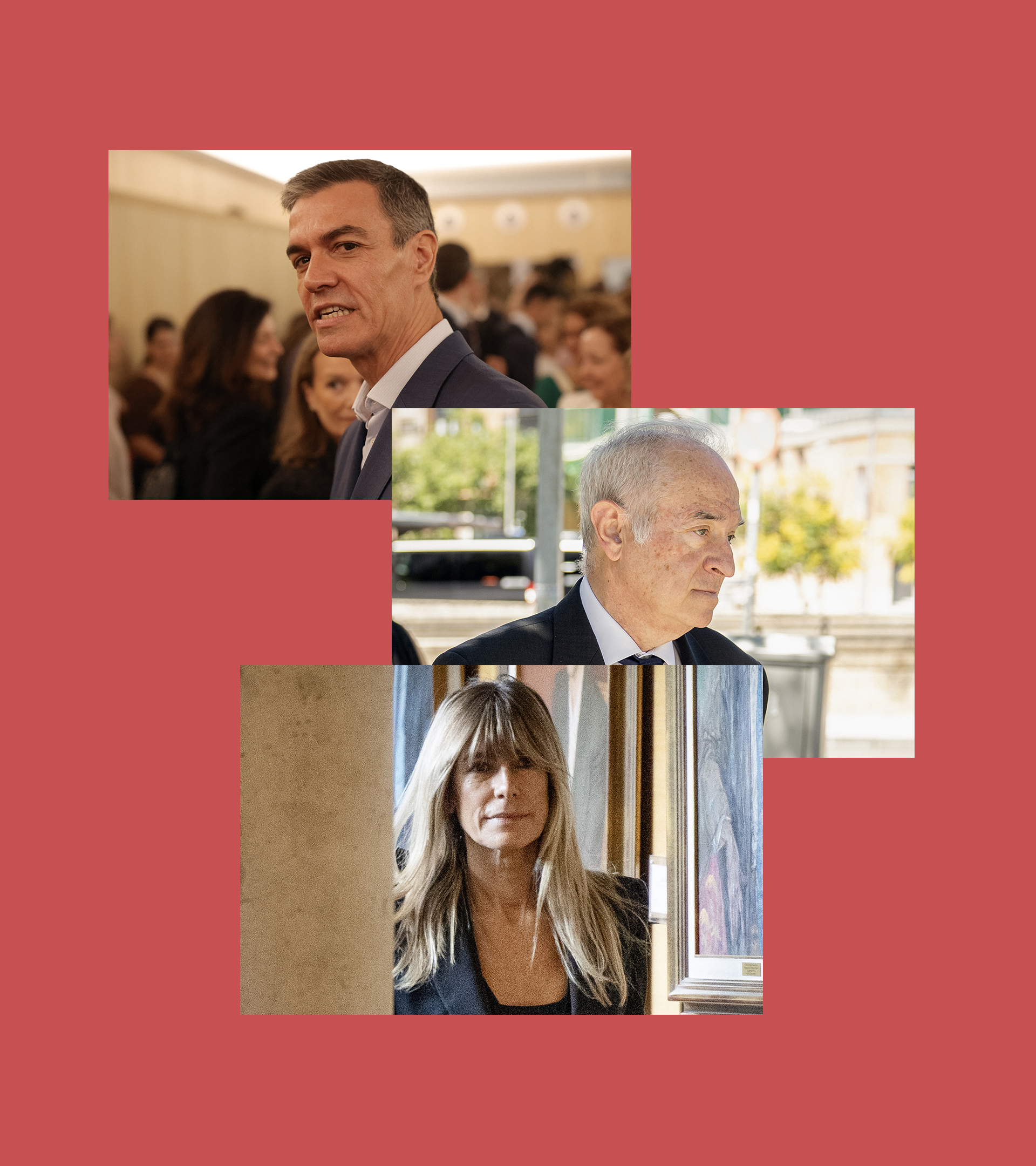 El presidente Pedro Sánchez (arriba), el juez Juan Carlos Peinado (en el centro) y Begoña Gómez, mujer del presidente (abajo).