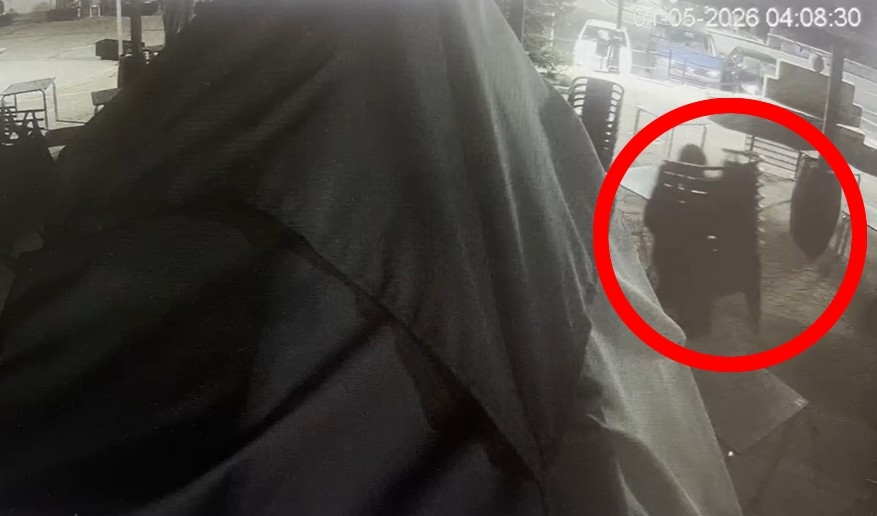 Uno de los ladrones cazado por una cámara de seguridad robando varias sillas.