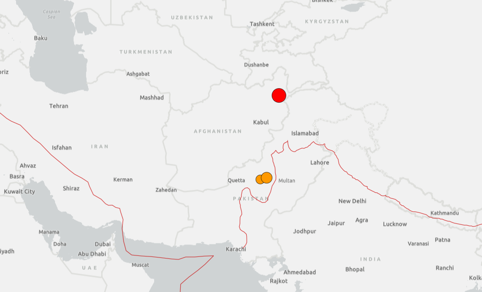 Mapa del USGS donde se aprecia, en rojo, el epicentro del terremoto