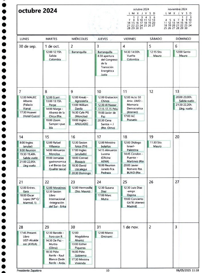 Extracto de la agenda del ex presidente de octubre de 2024, mes en el que se citó dos veces con Sánchez y también con cinco ministros