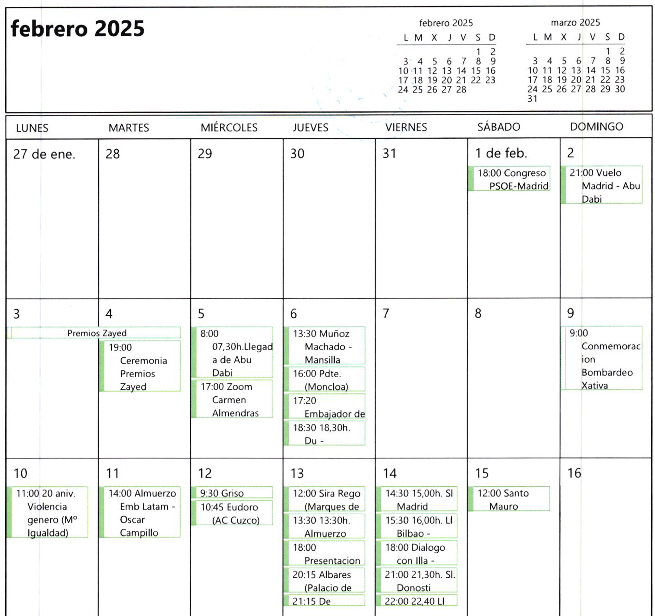 Fragmento de febrero de 2025 de la agenda intervenida a Zapatero