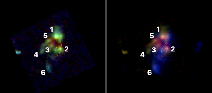 A la derecha: campo de velocidades del gas | ESA/NASA/CSA/JWST