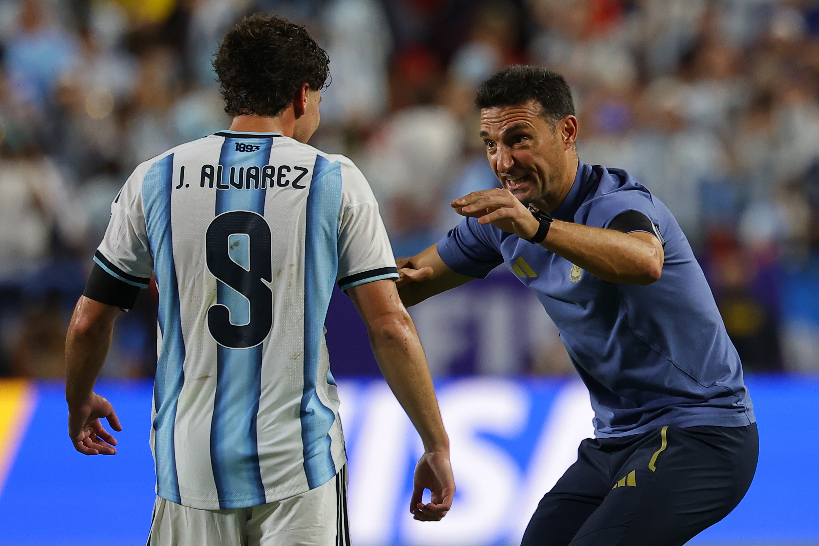 Scaloni da instrucciones a Julián Álvarez.