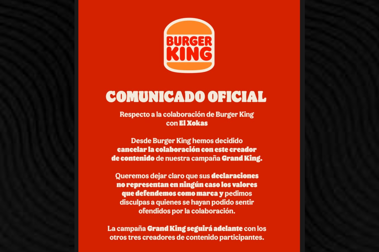 Comunicado oficial de Burger King en una storie de Instagram.