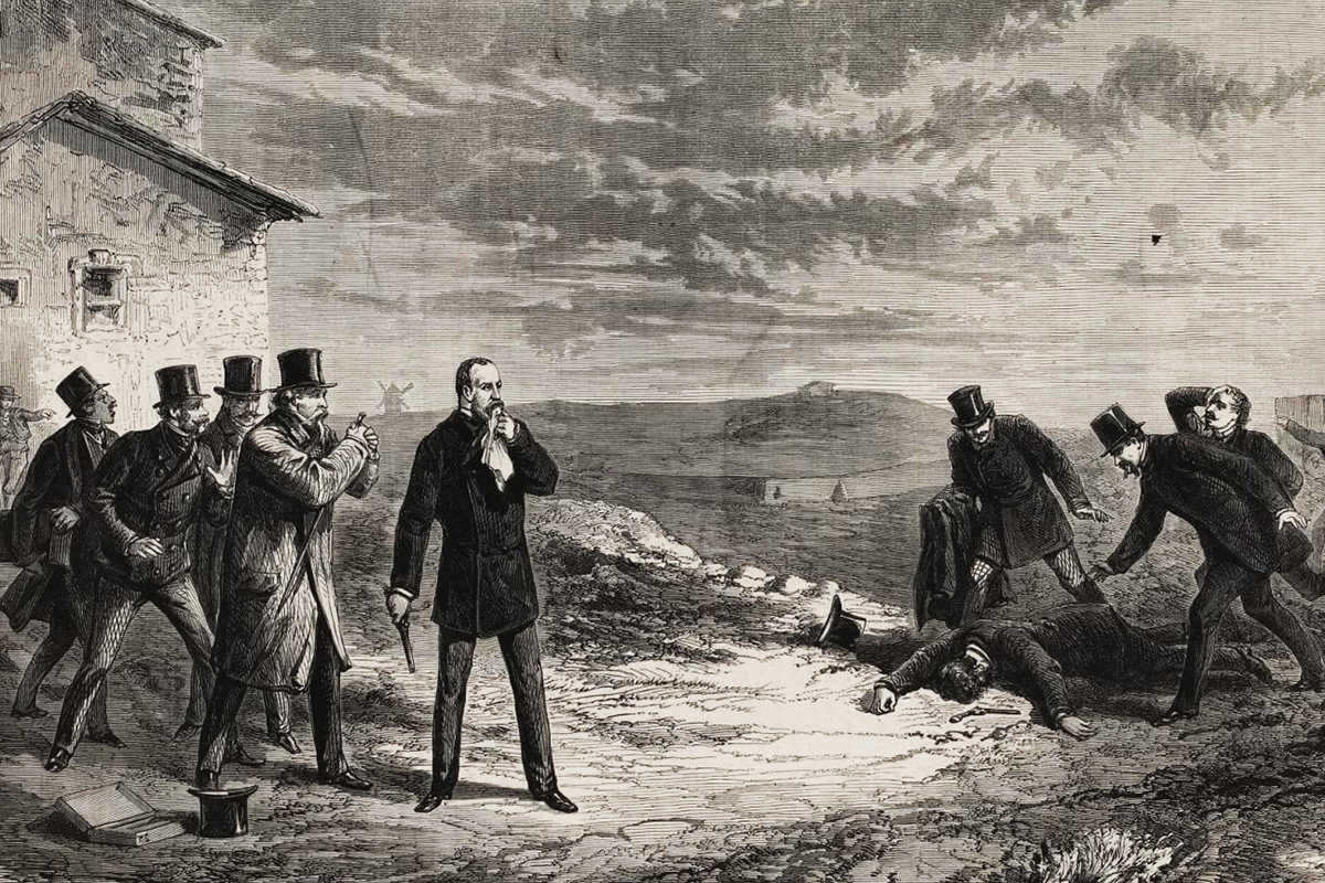 Grabado de Jes�s Evaristo Casariego que ilustra el duelo entre el Infante Don Enrique y el duque de Montpensier en 1870.