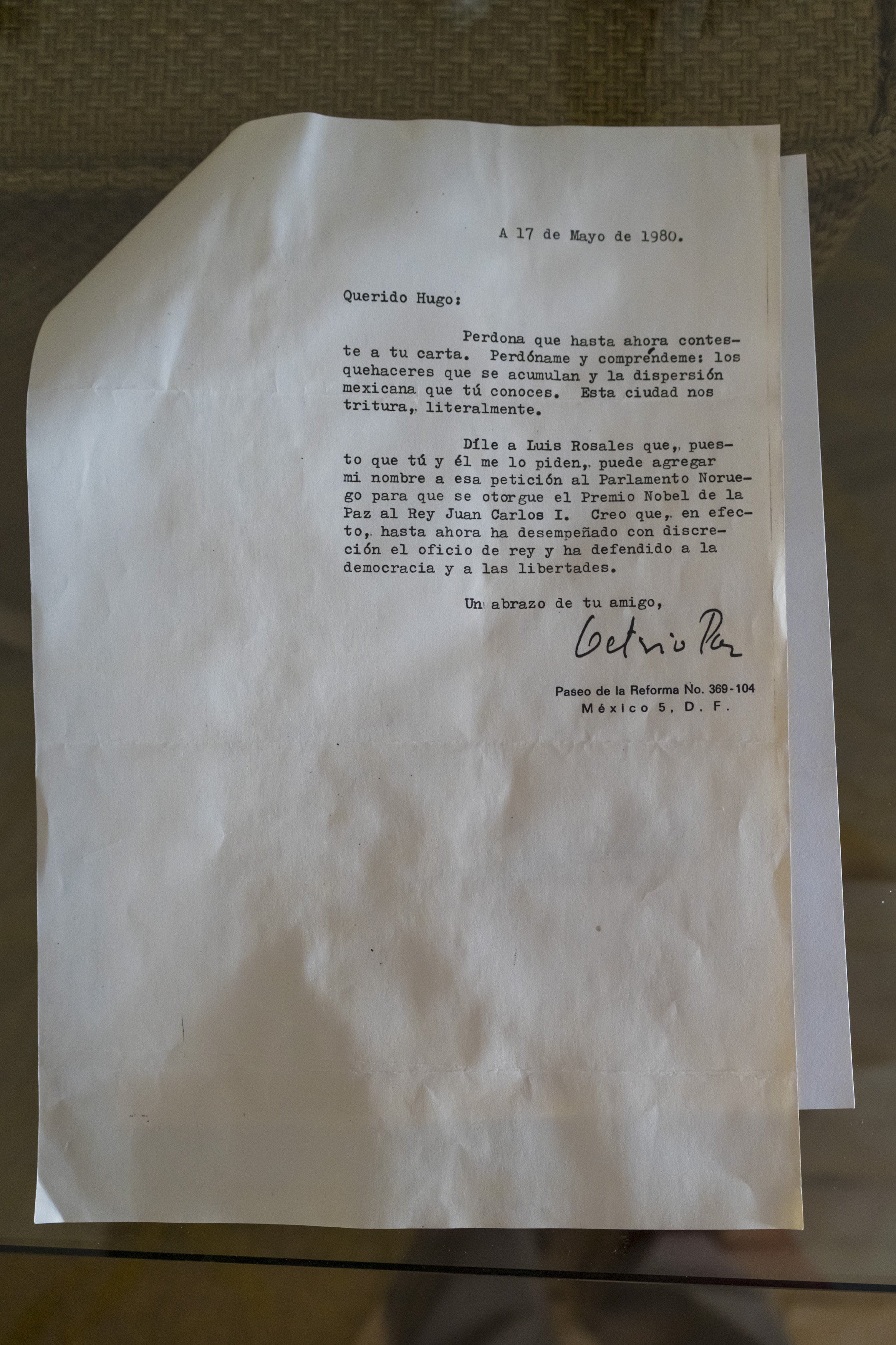 La carta de Octavio Paz en la que secundaba a Juan Carlos I para ser Nobel de la Paz