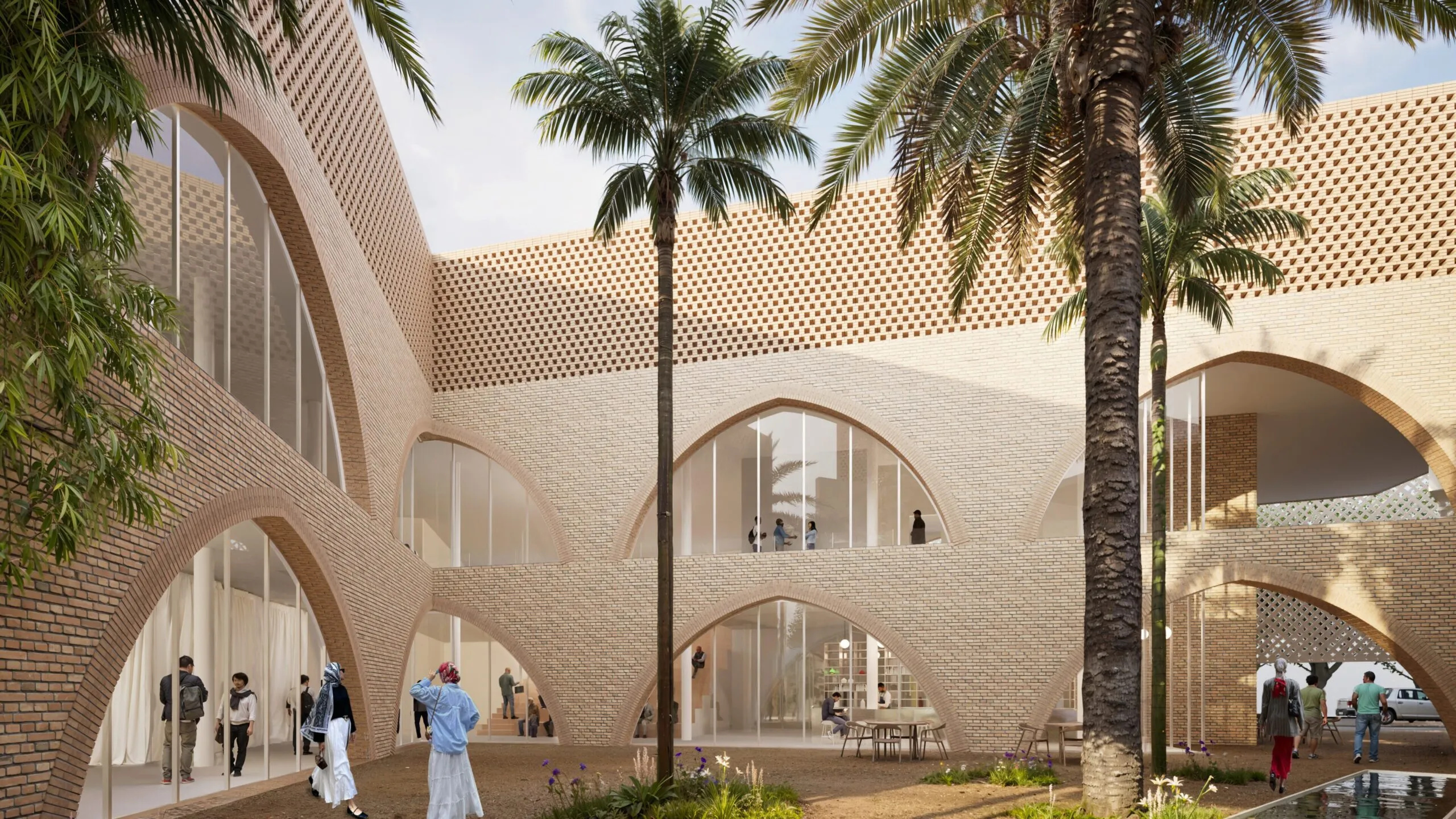 Recreación del patio central del centro cultural islámico promovido por Fundación Mezquita de Sevilla, con diseño de Vázquez Consuegra.