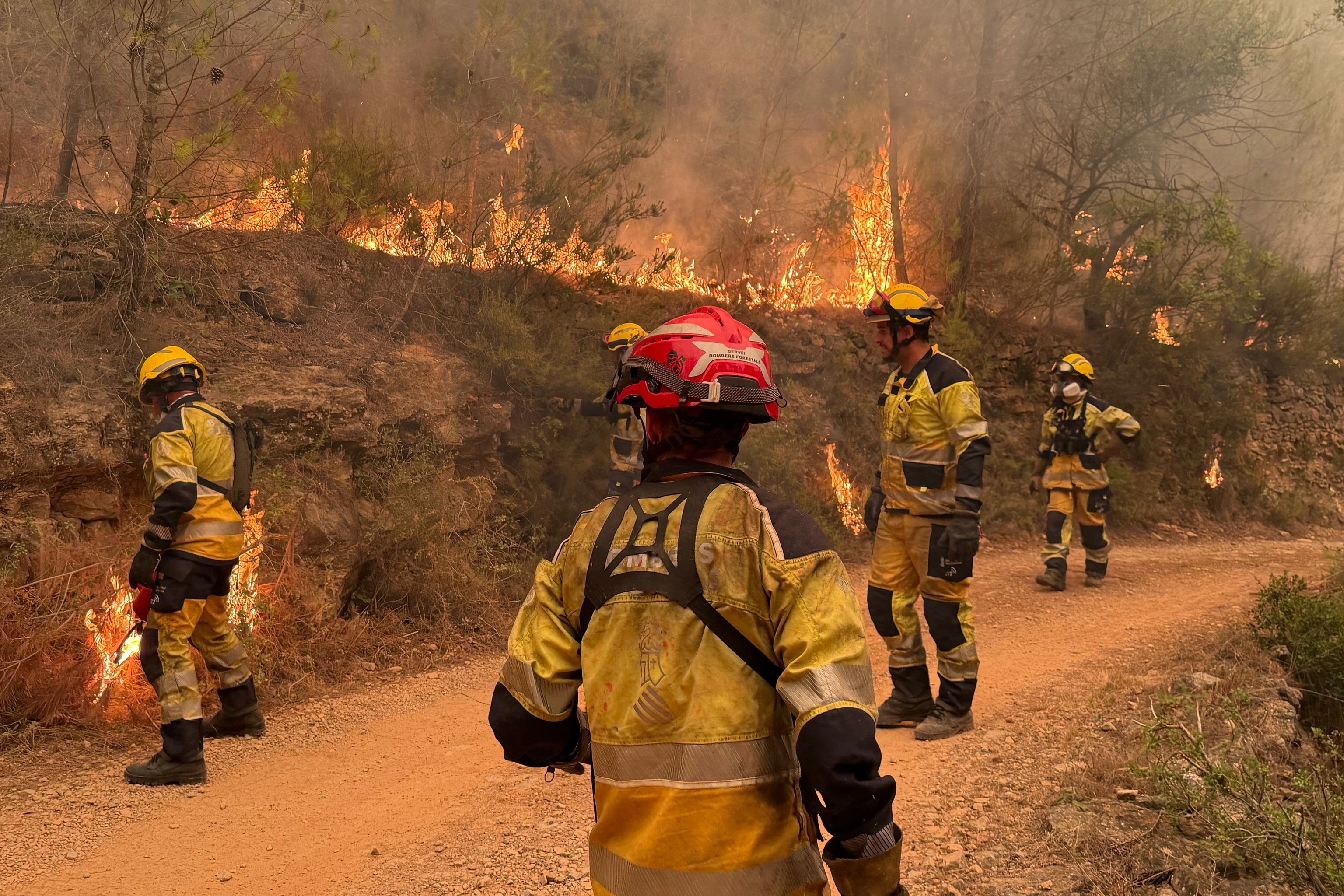Bomberos de Castell�n, este domingo, en el incendio forestal de la Vall d'Uix�.