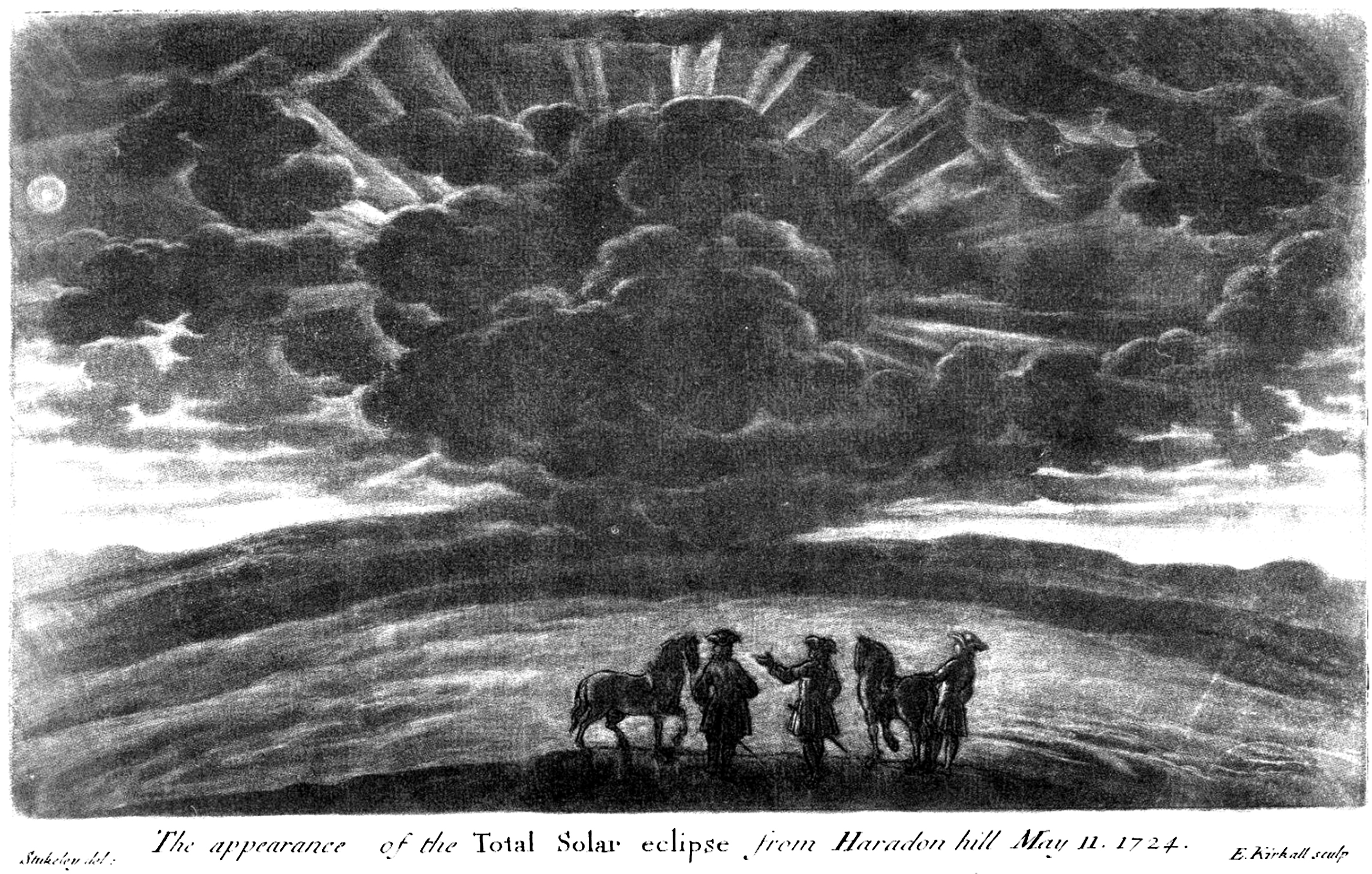 Grabado de E. Kirkhall en el que se ve a un grupo de jinetes observando un eclipse solar total en 1724.