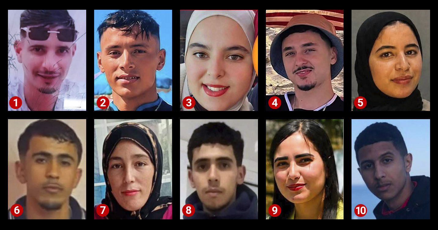 Los desparecidos en Ceuta. 1. Abdel Nasser Agad; 2. Abdellah Morchid; 3. Salma Makoh; 4. Abdul Latif; 5. Lamie Chlah; 6. Ahmed Saibari; 7. Fadoua Roudi; 8. Abdi-Moez Sabban; 9. Fátima Zahra; 10. Abdullah Al-Hafi.
